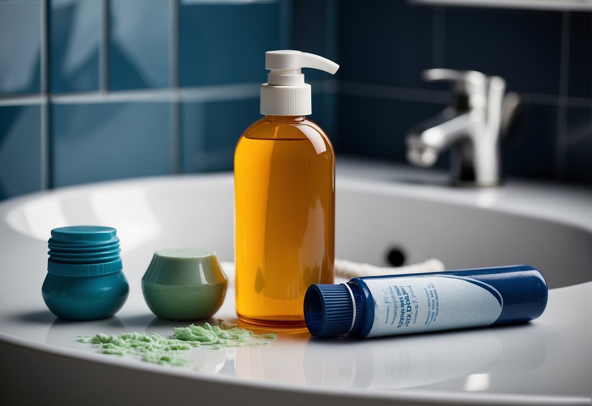A bottle of stain remover next to a spilled bottle of hair dye on a bathroom counter