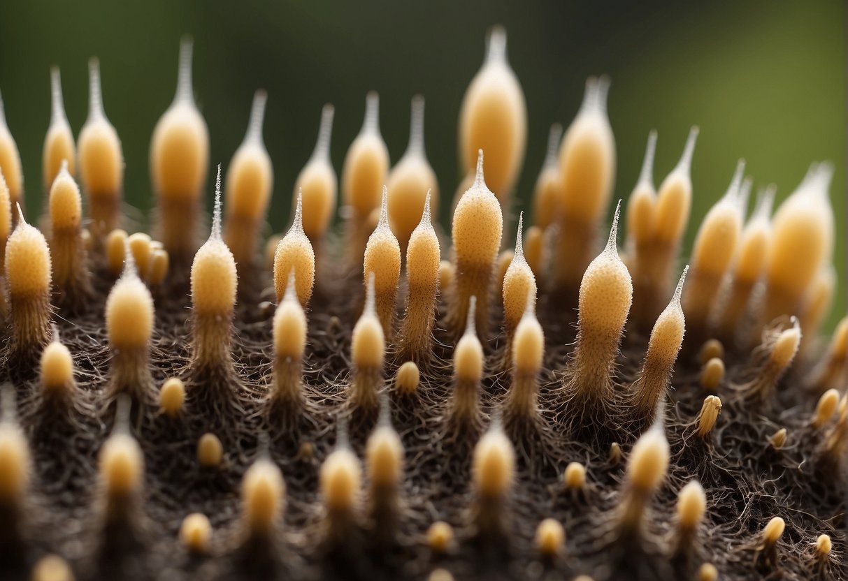 A scalp with hair follicles growing at varying rates, showing the different stages of hair growth in a week