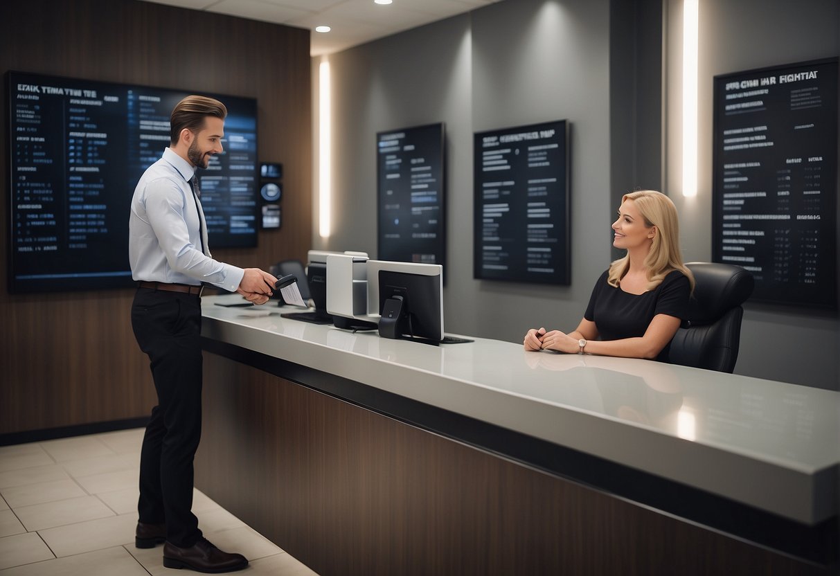 A person sitting at a reception desk, with a price list of hair implant procedures on the wall behind them