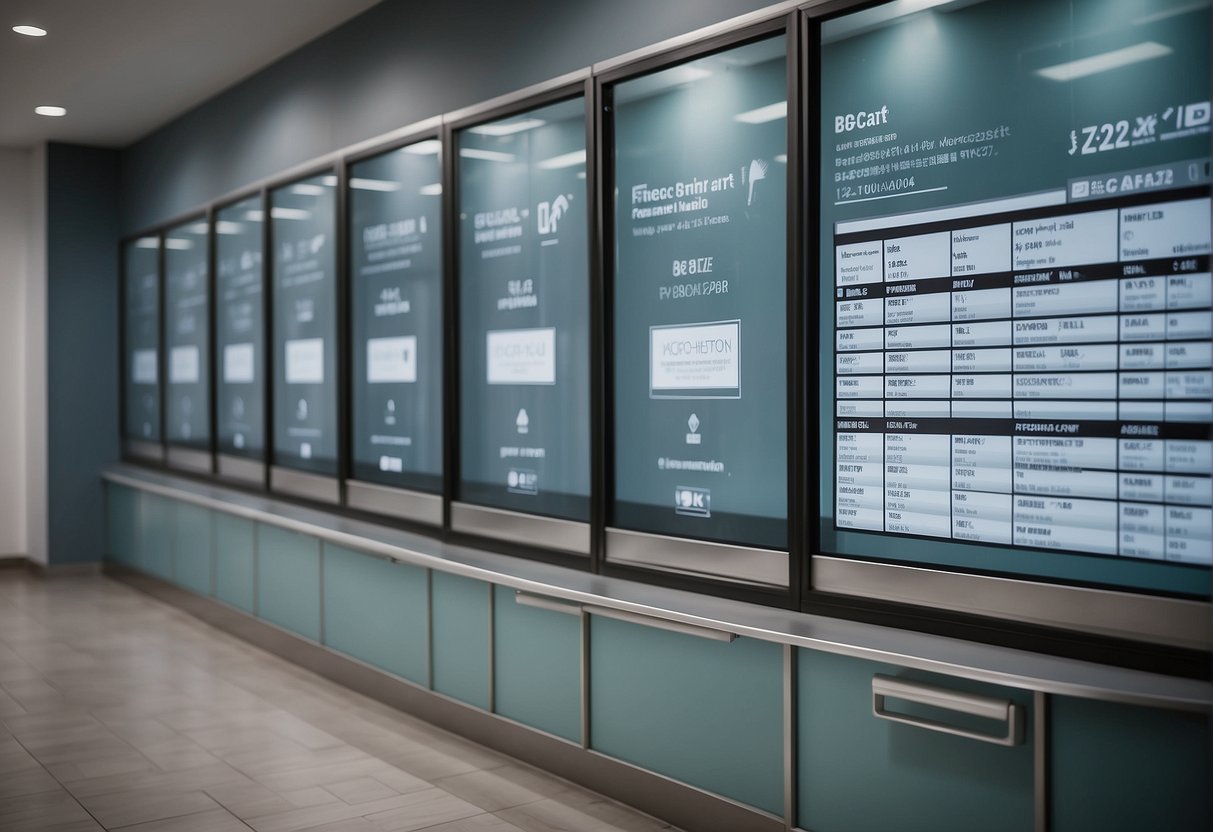 A clinic setting with a price list for hair implant procedures displayed on a wall