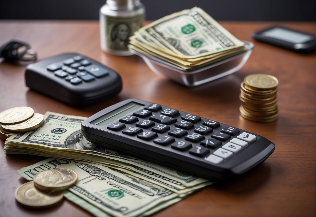 A price tag with "Hair Implant Cost" in bold letters, surrounded by currency symbols and a calculator