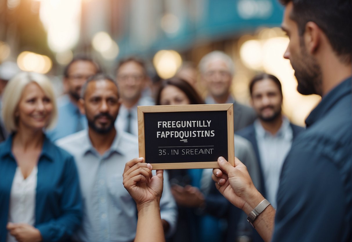 A person holding a sign that reads "Frequently Asked Questions: How much does a hair implant cost?" with a group of people in the background
