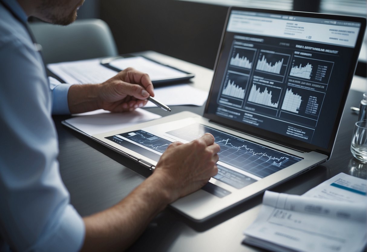 A doctor consults a patient about hair transplant costs. A price chart and financial documents are spread out on the desk