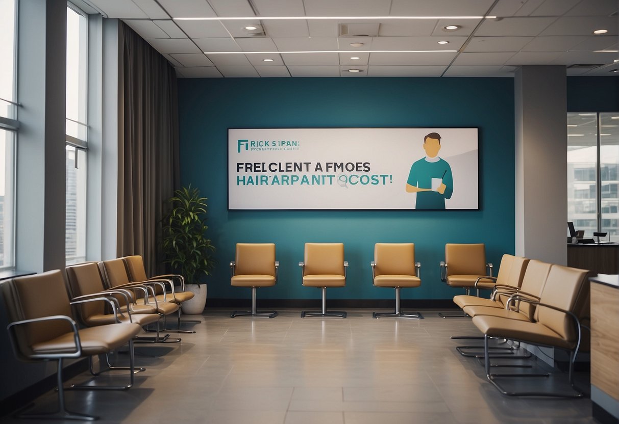 A sign with "Frequently Asked Questions: How much does a hair transplant cost?" displayed in a waiting room with chairs and a reception desk