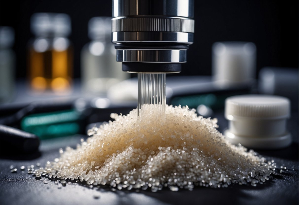 A strand of hair with cocaine residue under a microscope, surrounded by forensic equipment and testing materials