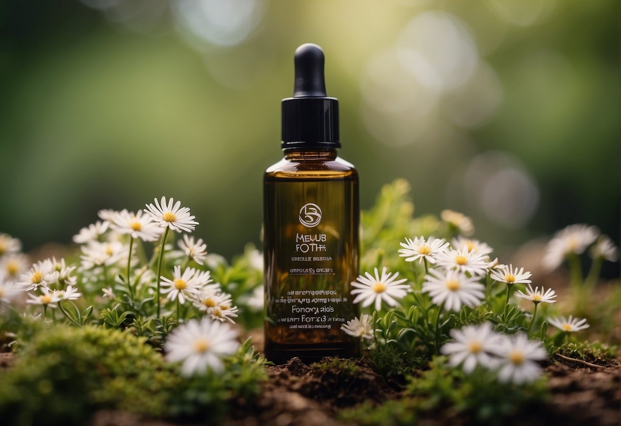 A bottle of hair growth serum surrounded by blooming flowers and lush greenery