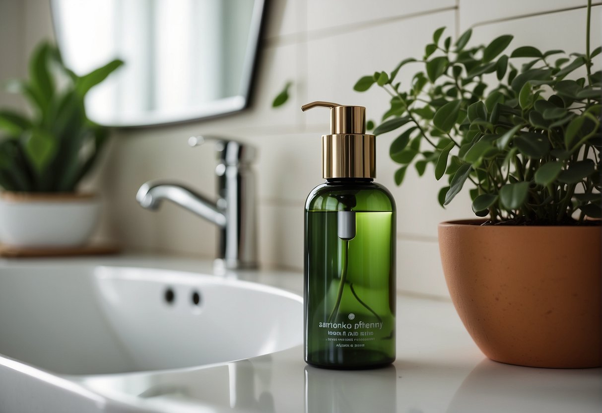 A bottle of hair growth serum sits on a clean, white bathroom counter. A lush, green plant in a pot adds a natural touch to the scene
