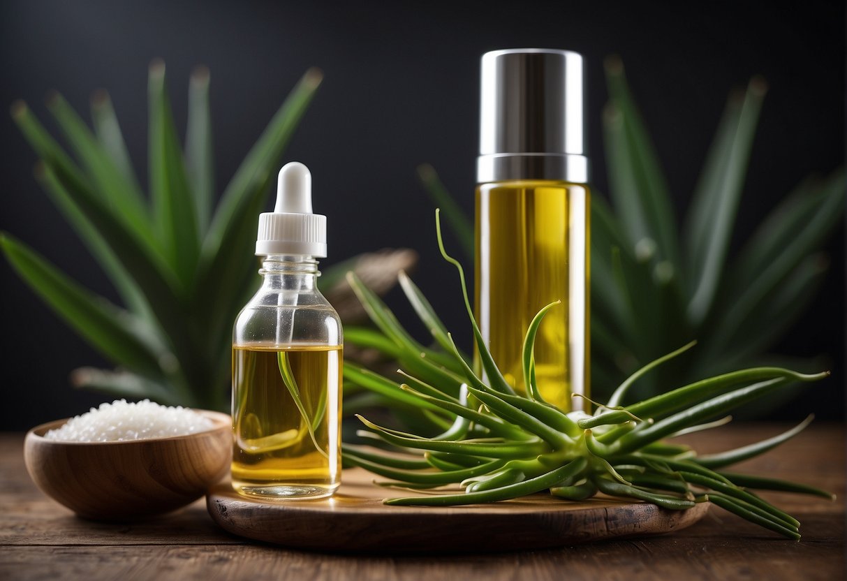 A bottle of hair growth serum surrounded by various natural ingredients like aloe vera, coconut oil, and vitamin E