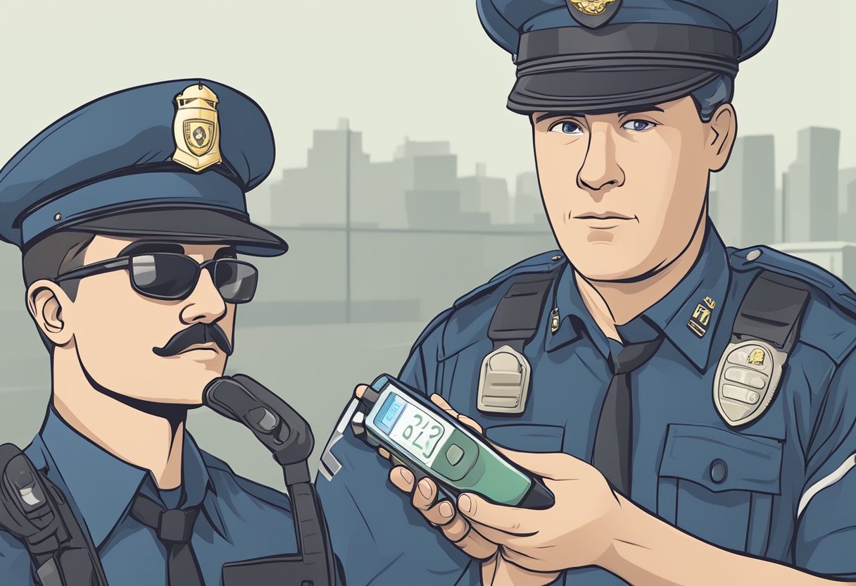 A police officer holds a breathalyzer device. A driver looks on nervously as the officer explains its function