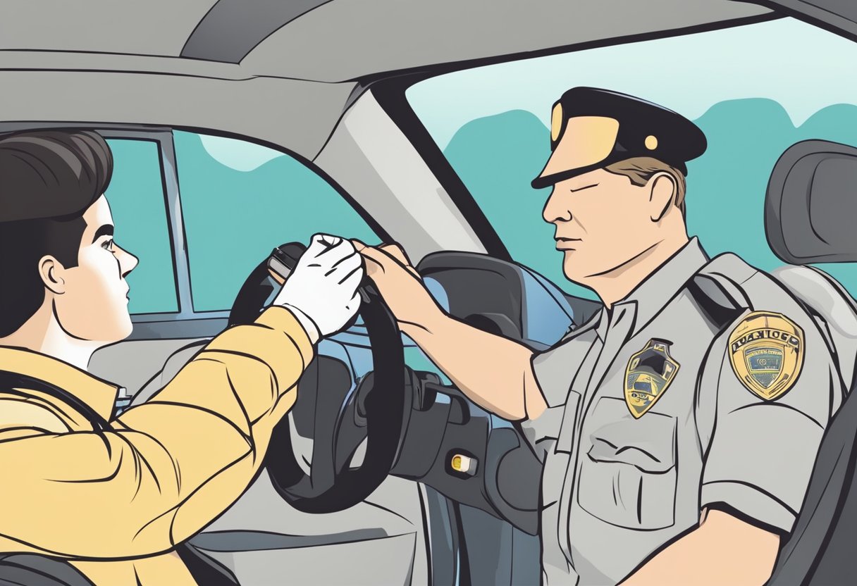 A police officer administers a breathalyzer test to a driver. The driver is shown contesting the results of the test