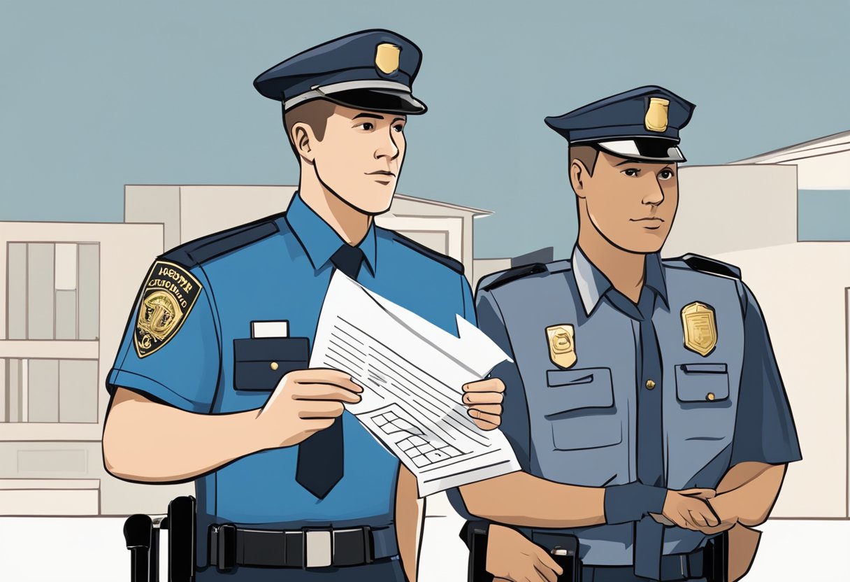 A person holding a legal document, pointing to a section with a confident expression, while a police officer looks on with a questioning expression