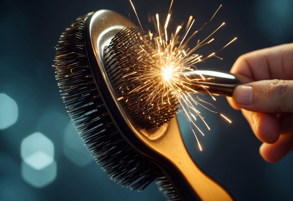 Hairbrush touching hair, sparks fly. Hand reaches for metal object, static discharges. Hair smooths, no more static