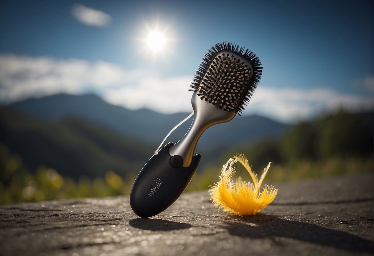 A hairbrush touching a balloon, causing static electricity to transfer and hair standing on end