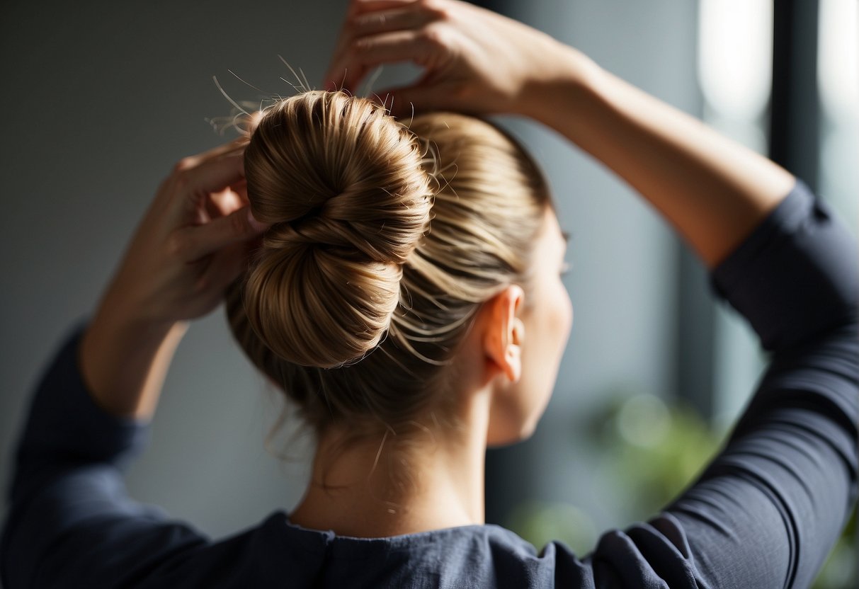 A hand reaches for a hair tie, wrapping it around a gathered section of hair to create a neat and stylish bun