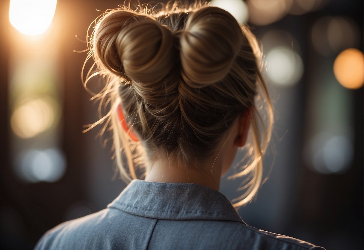 A hand reaches for a section of hair, twisting and looping it into a neat bun on the back of the head