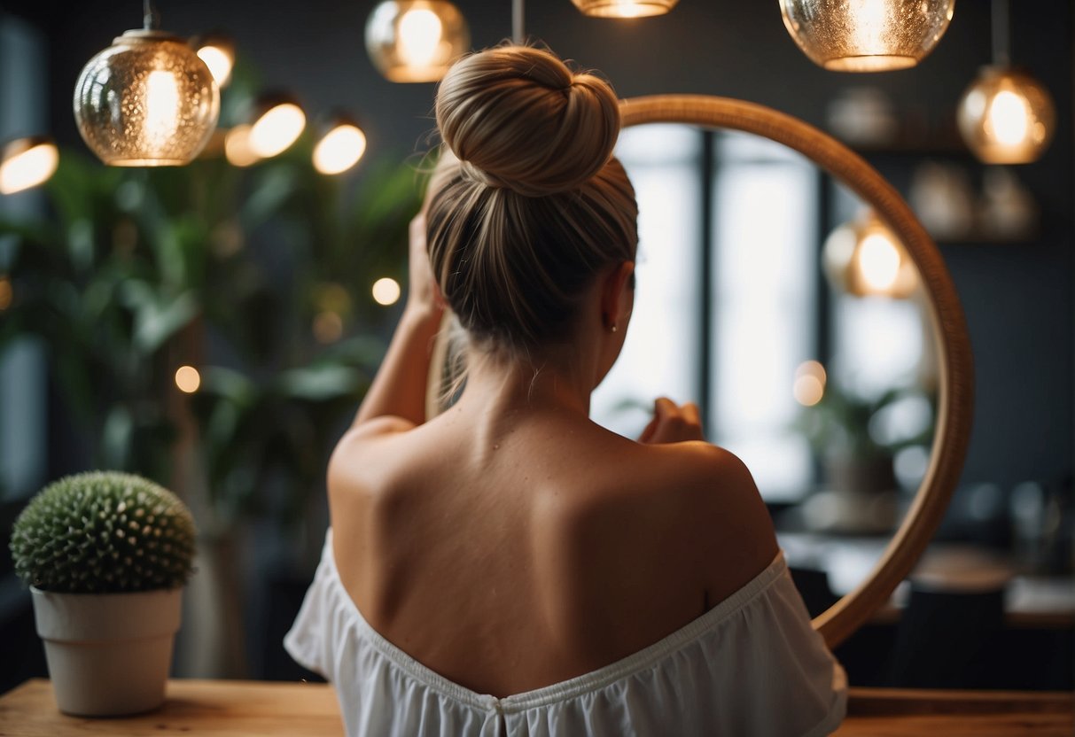 A hand reaches up, twisting hair into a neat bun. A mirror reflects the process, with a step-by-step guide nearby