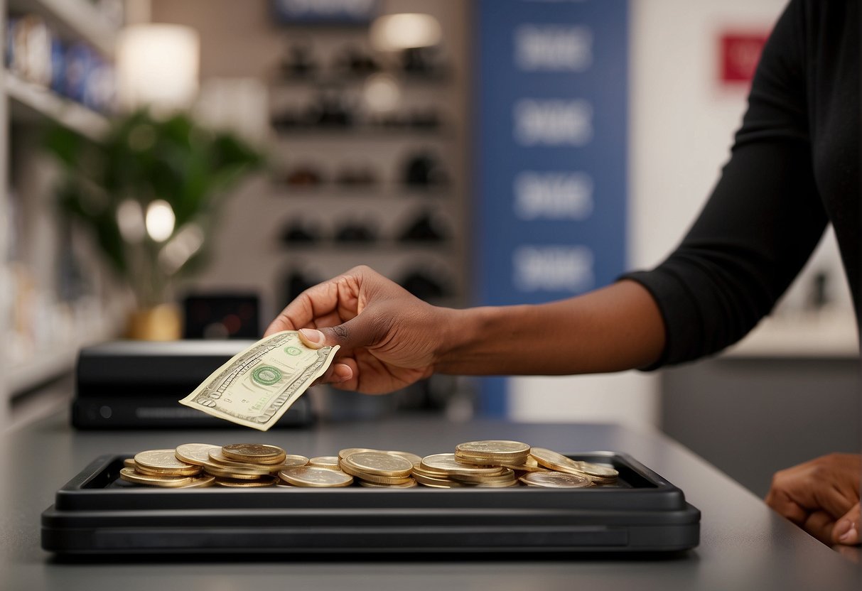 Natural hair payment scene: A hand reaches out to exchange cash for a bundle of natural hair. A scale and price list are visible in the background