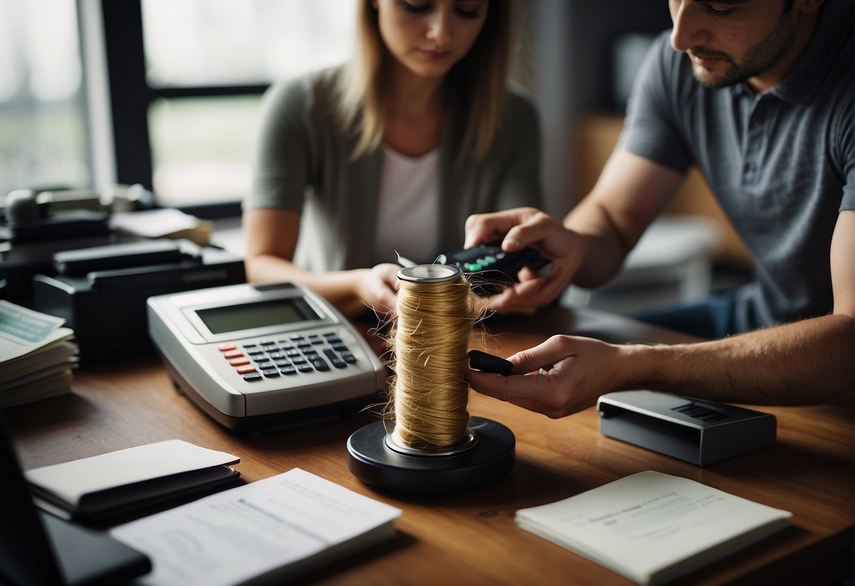 A person weighing a bundle of natural hair, while another person records the weight and calculates the payment