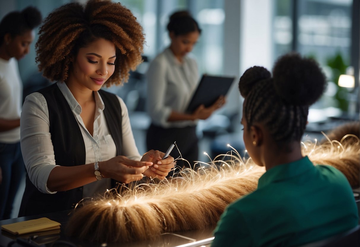 A woman carefully measures and inspects a bundle of natural hair, preparing it for sale. She takes notes and consults a price list, ensuring fair compensation for the valuable material