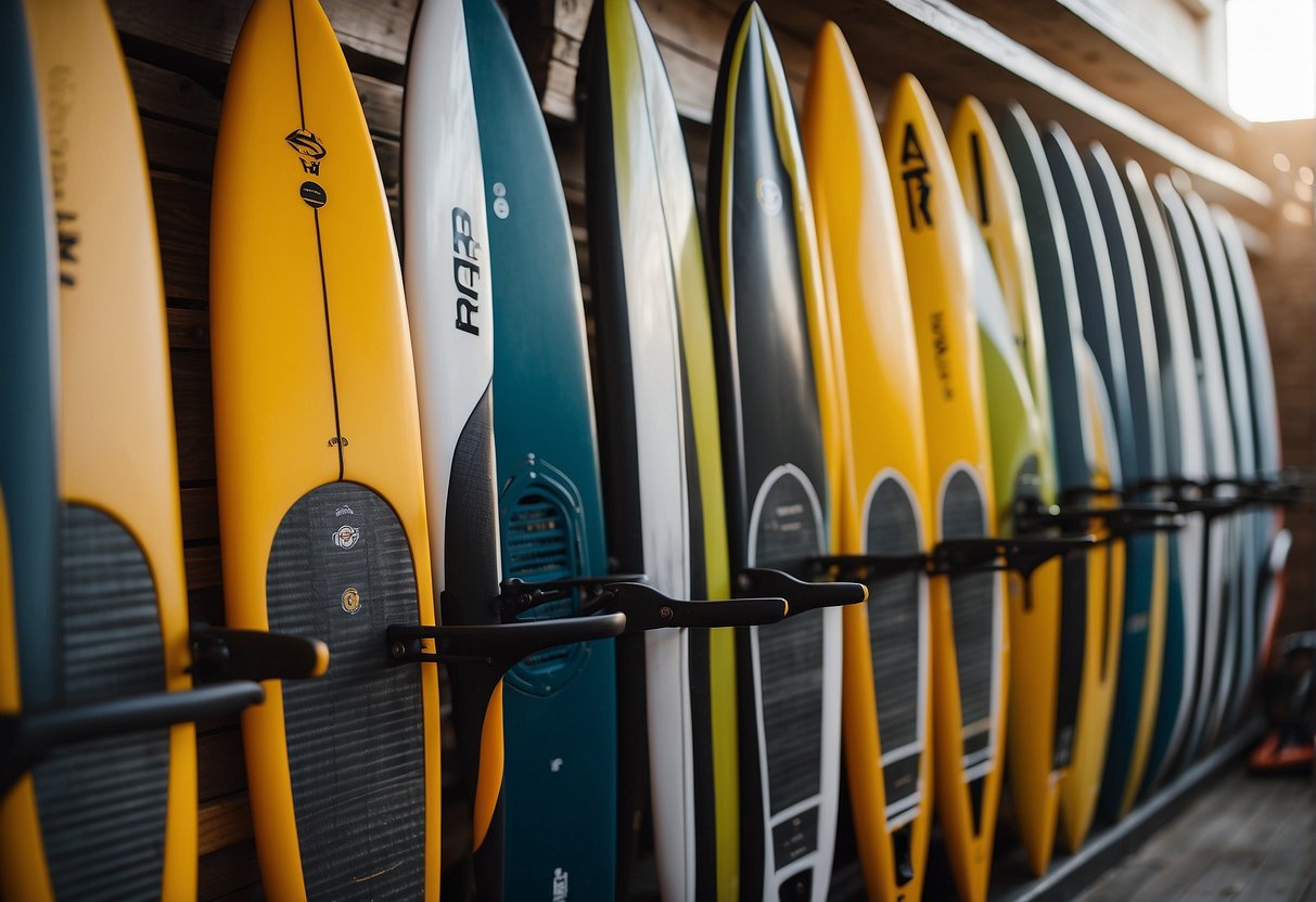 A hand reaching for different paddle board fins, displayed on a rack. The fins vary in size and shape, representing options for replacement