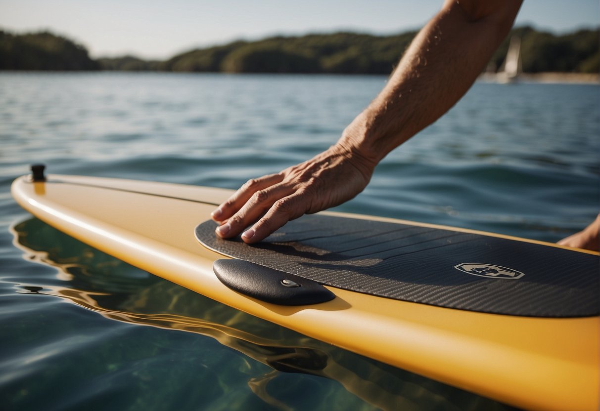 A hand reaches for a paddle board fin, unscrewing it from the board. A new fin is then attached and secured in place
