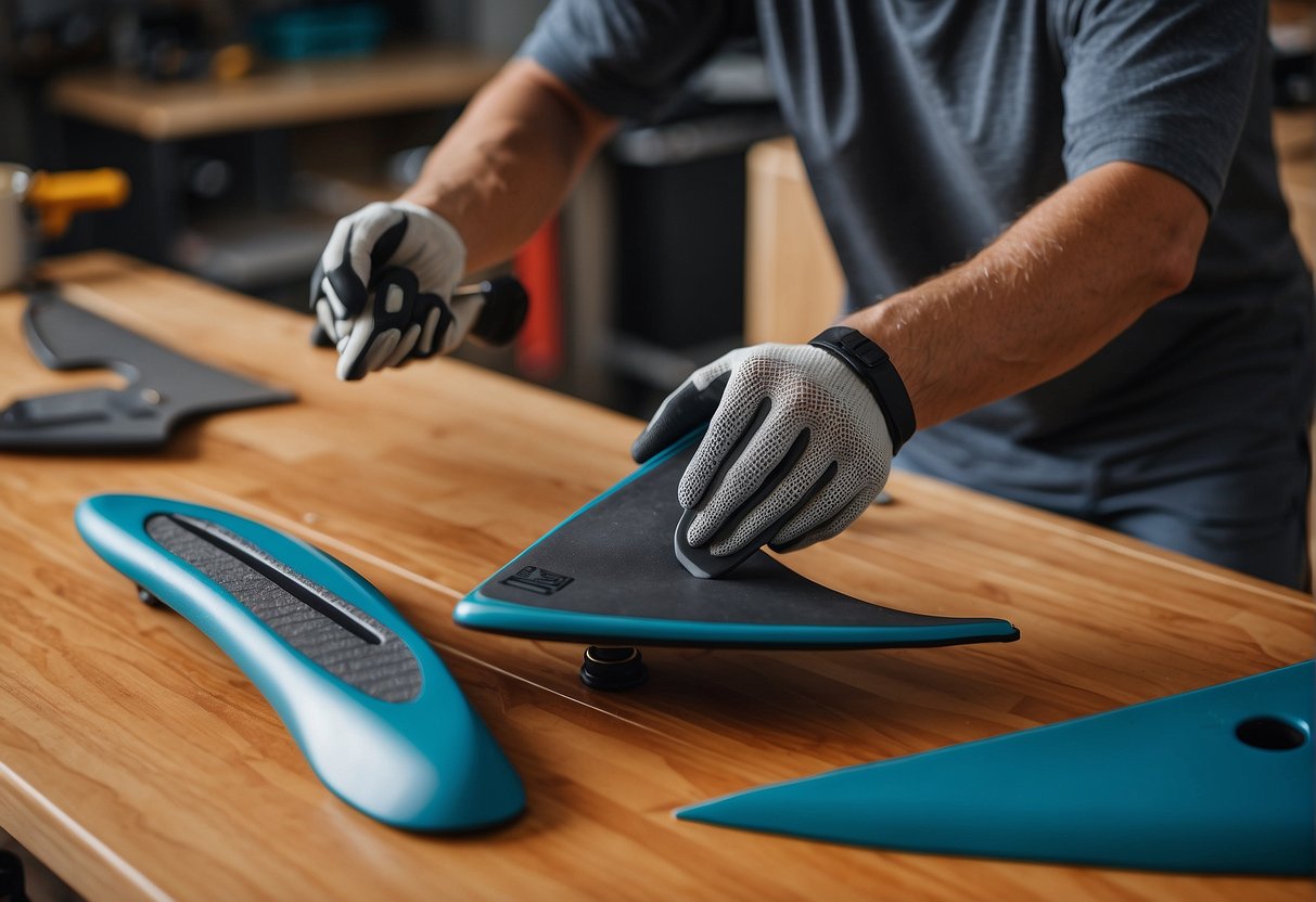 A hand holding a paddle board fin replacement tool, with various fin sizes and shapes laid out on a workbench