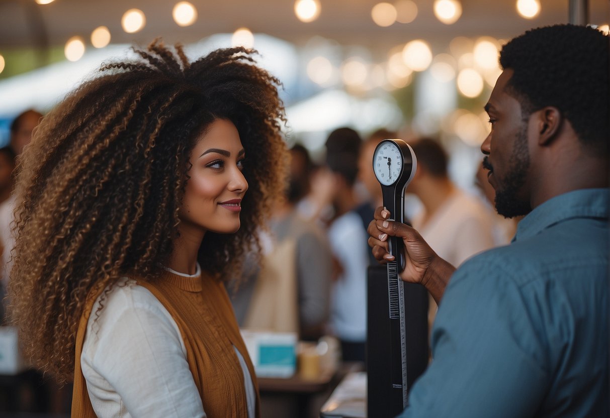 A woman's natural hair being measured and sold by a vendor
