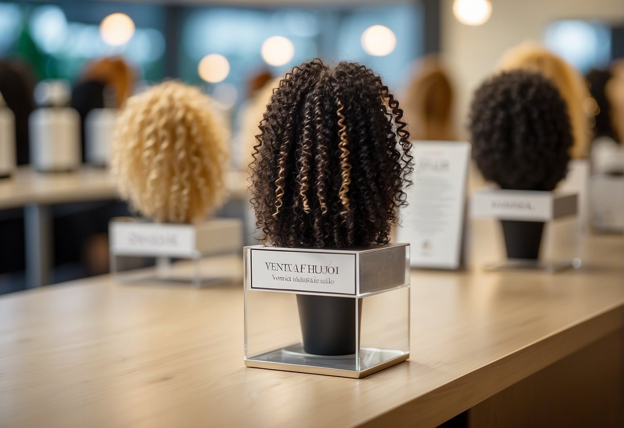 A table displays bundles of natural hair. A price tag reads "Venta de Cabello Natural" in a bright, well-lit salon setting