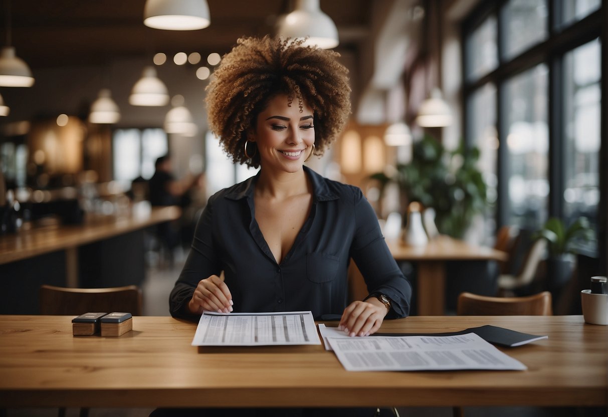 A woman sits at a table, measuring strands of natural hair. She holds up a price list, comparing options for selling her hair