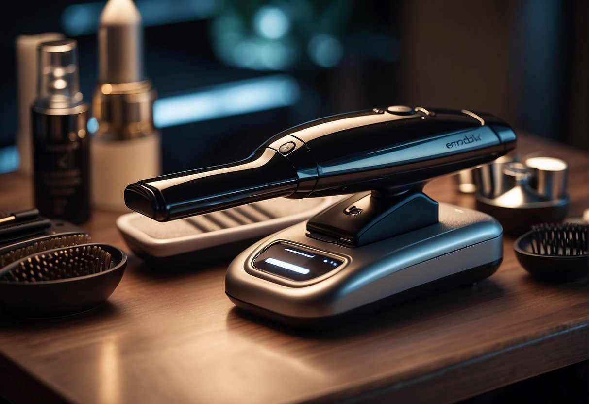 A hair straightener dial set to the perfect temperature, emitting a faint glow, surrounded by hair care products and styling tools