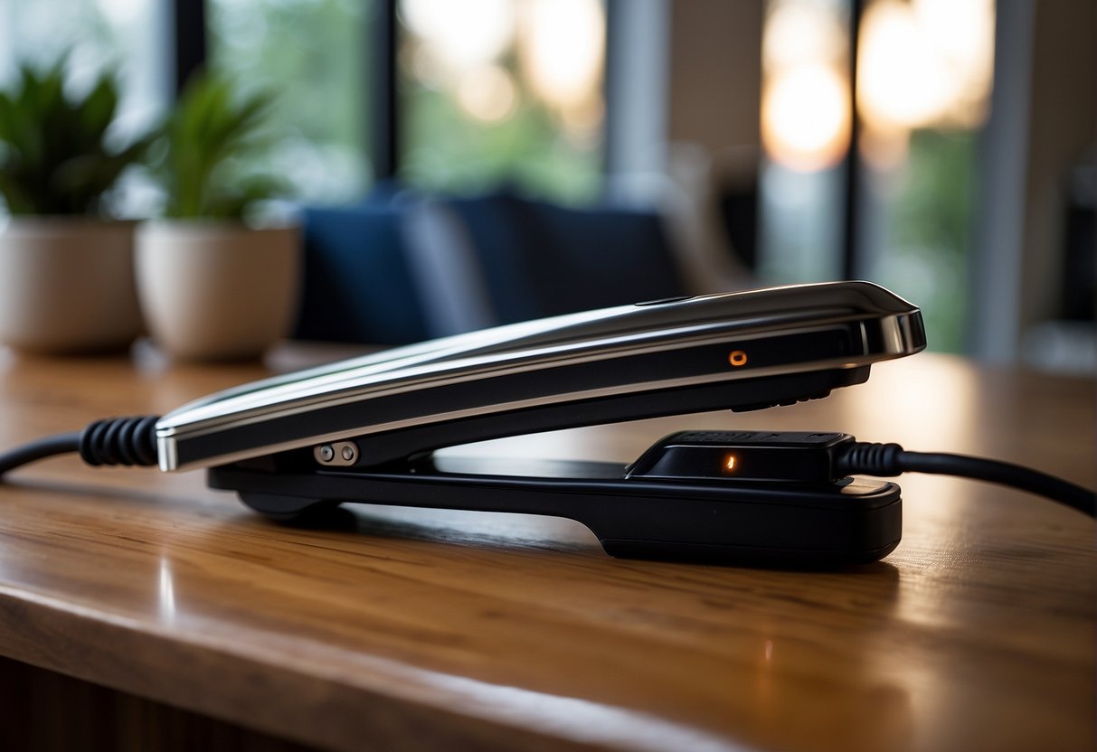 A flat iron set to the correct temperature, with a cord plugged into an outlet