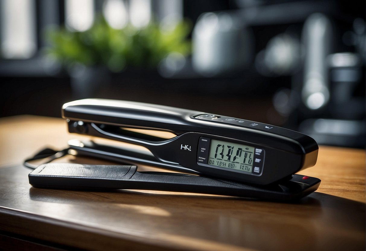 The hair straightener's temperature dial is set to the appropriate degree for hair type. The tool is ready for use