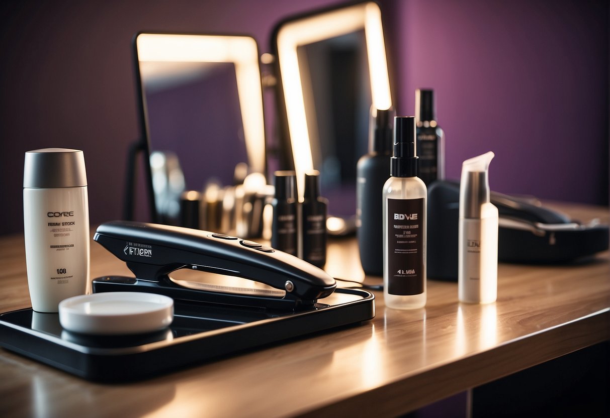 A flat iron with temperature setting displayed, surrounded by hair care products and a mirror