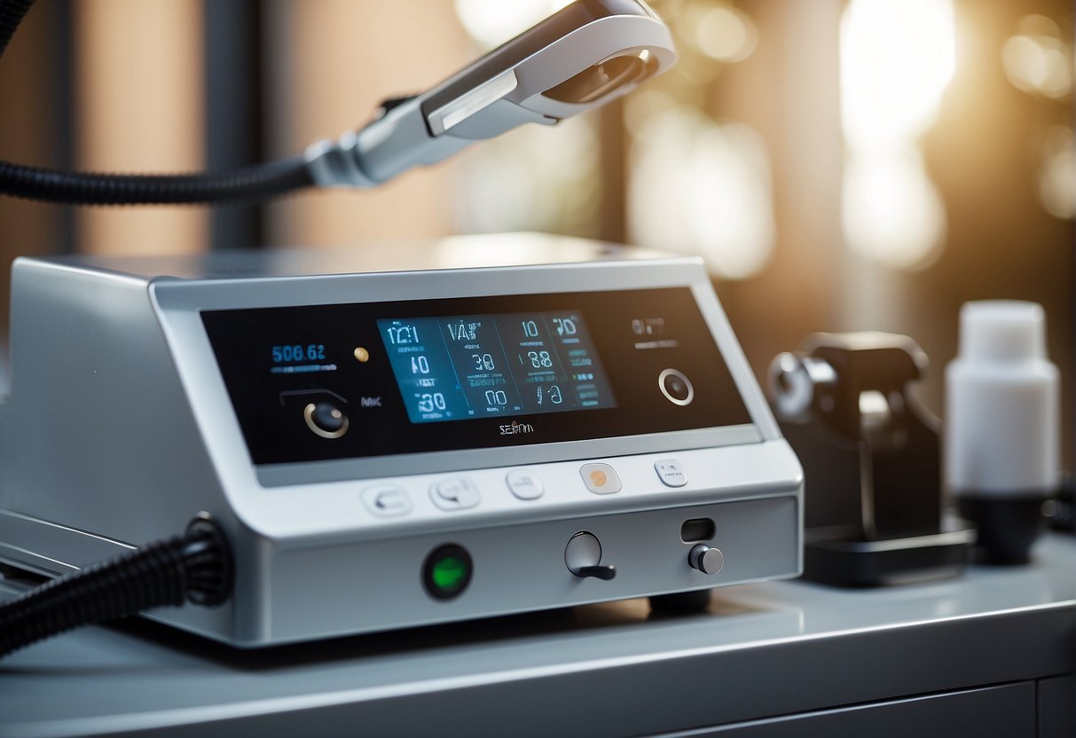 A laser machine targeting hair follicles, with a numerical counter displaying the number of sessions completed. Surrounding the machine are various factors affecting the number of sessions needed for hair removal