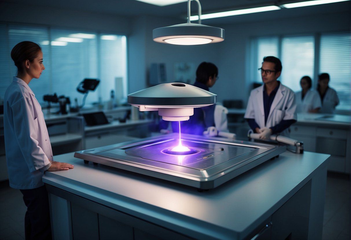 A laser machine in a clinic, with a technician operating it on a surface, surrounded by curious onlookers