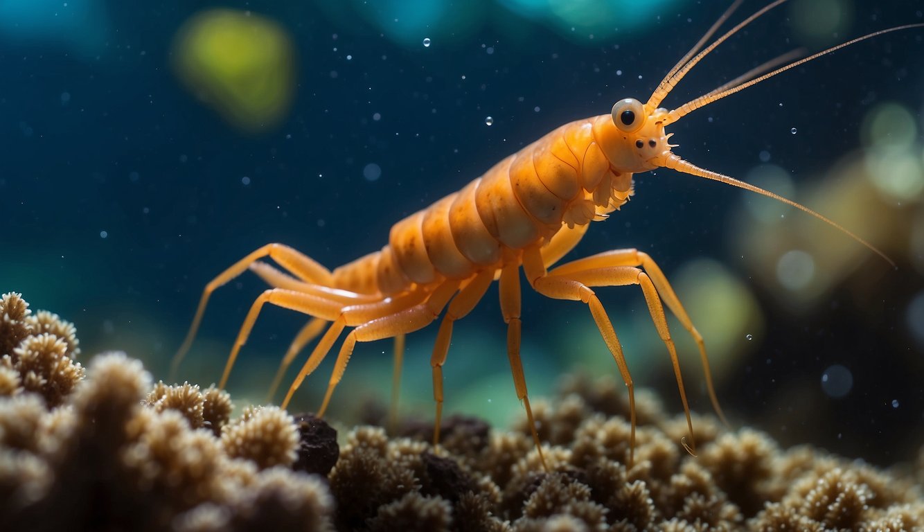 The pistol shrimp snaps its oversized claw, stunning prey and creating a burst of bubbles.

It lives in coral reefs, surrounded by vibrant fish and swaying sea plants