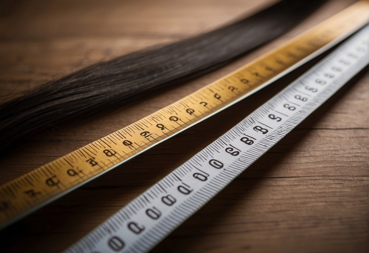 A ruler measuring the length of hair, with a "Frequently Asked Questions" sign in the background