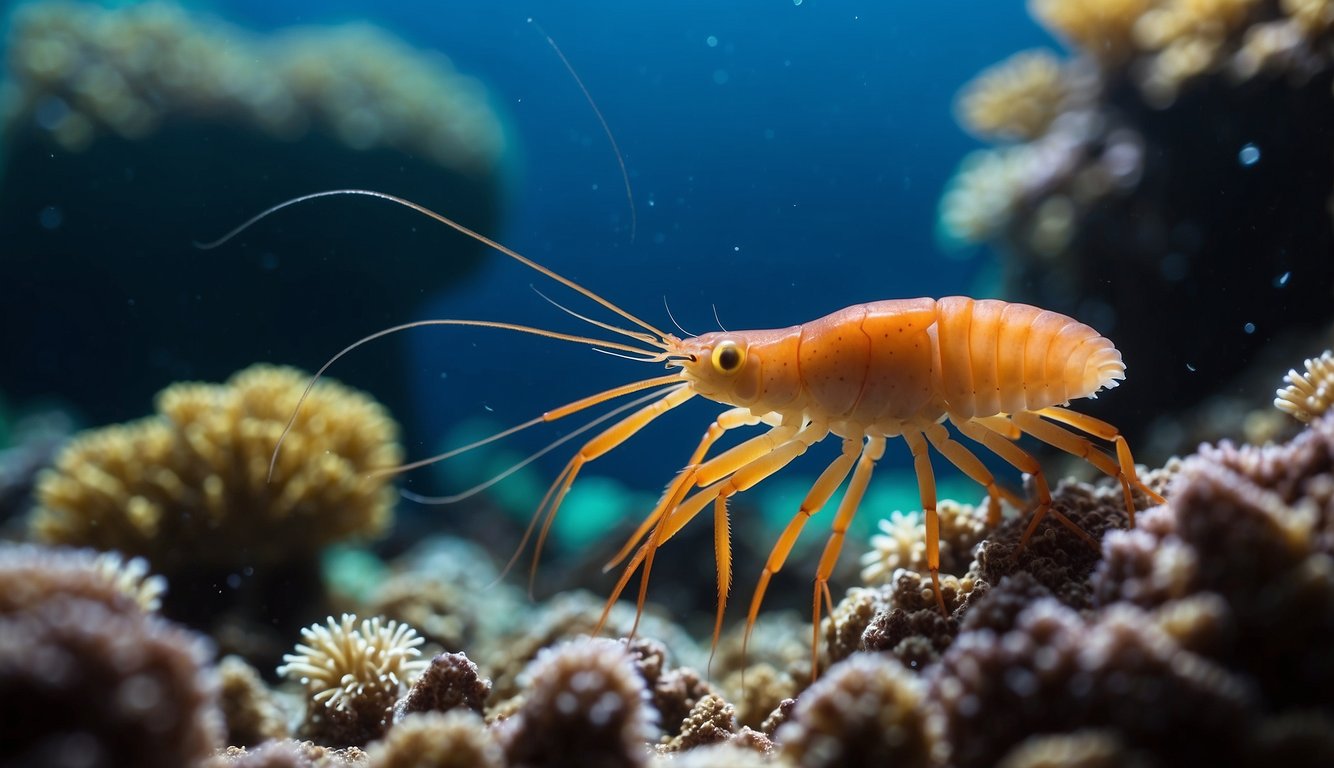 A group of pistol shrimps gather around a coral reef, snapping their claws and creating a loud clicking sound.

Other sea creatures swim away to avoid the noise