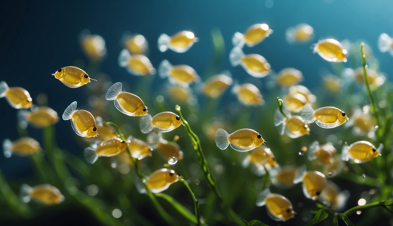 A cluster of dainty Daphnia drift through clear water, their delicate bodies shimmering in the sunlight, surrounded by tiny particles of algae and debris