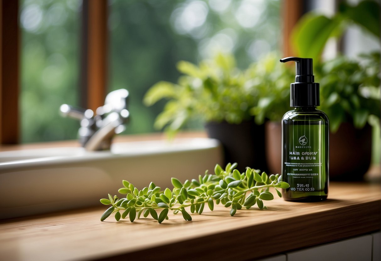 A bottle of hair growth serum sits on a bathroom shelf, surrounded by lush green plants and a bright, sunny window