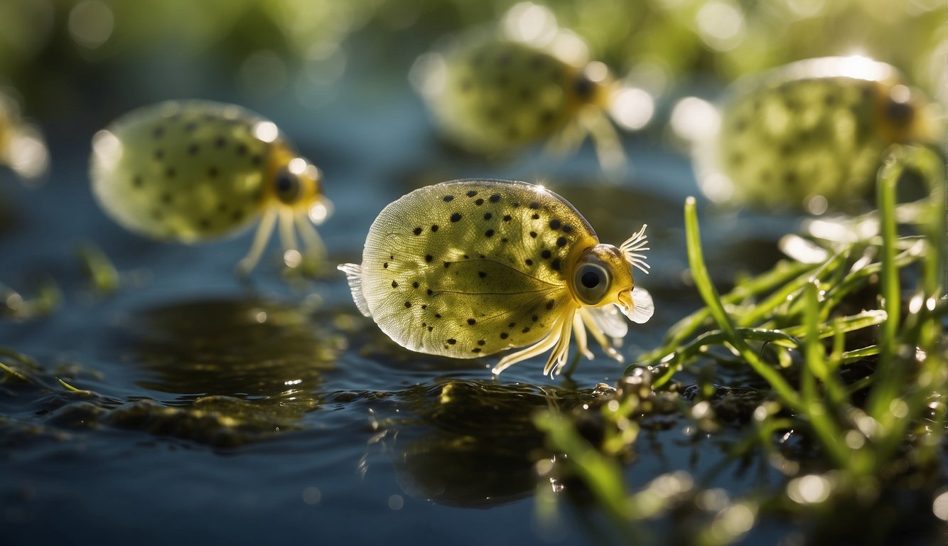 A cluster of Daphnia swim gracefully in a sunlit pond, surrounded by floating algae and water plants.

Some carry eggs, while others feed on microscopic organisms