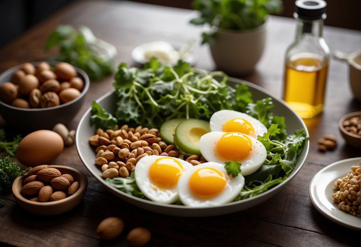A healthy plate of food surrounded by hair growth-promoting ingredients like eggs, nuts, and leafy greens, with a bottle of vitamins and a glass of water nearby