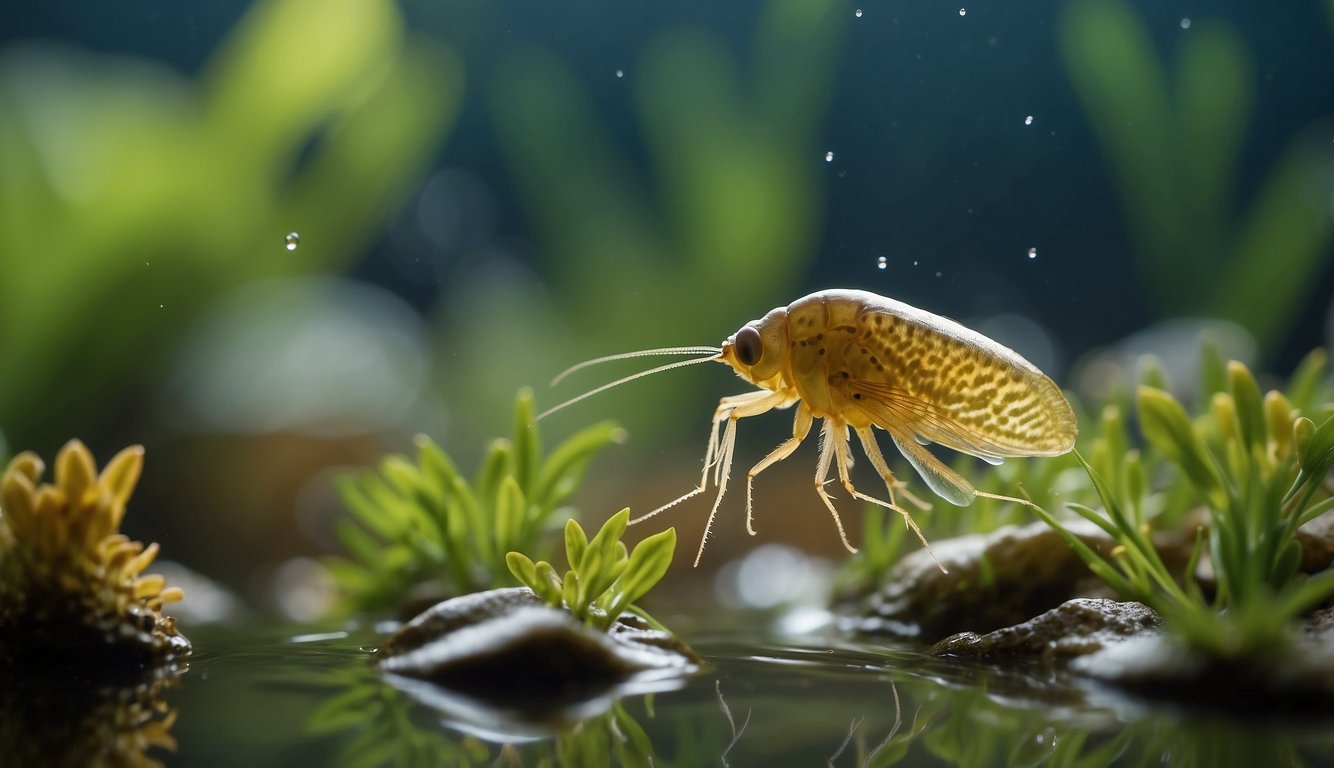 The Daphnia gracefully swims through the crystal-clear water, surrounded by vibrant aquatic plants and tiny fish.

Its delicate body glows under the sunlight, showcasing its important role in the ecosystem
