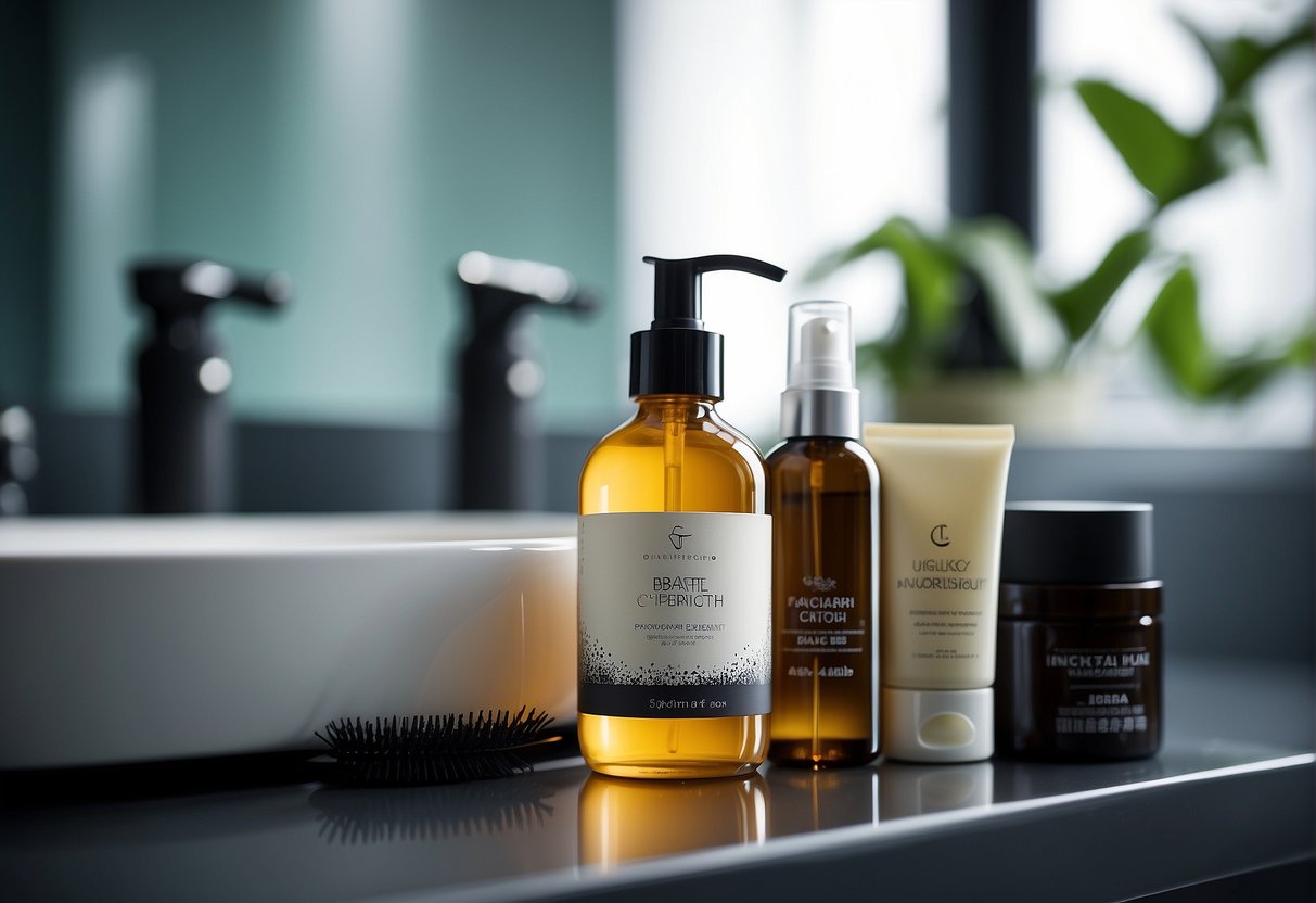 A bottle of hair growth serum surrounded by various hair care products on a clean, organized bathroom counter