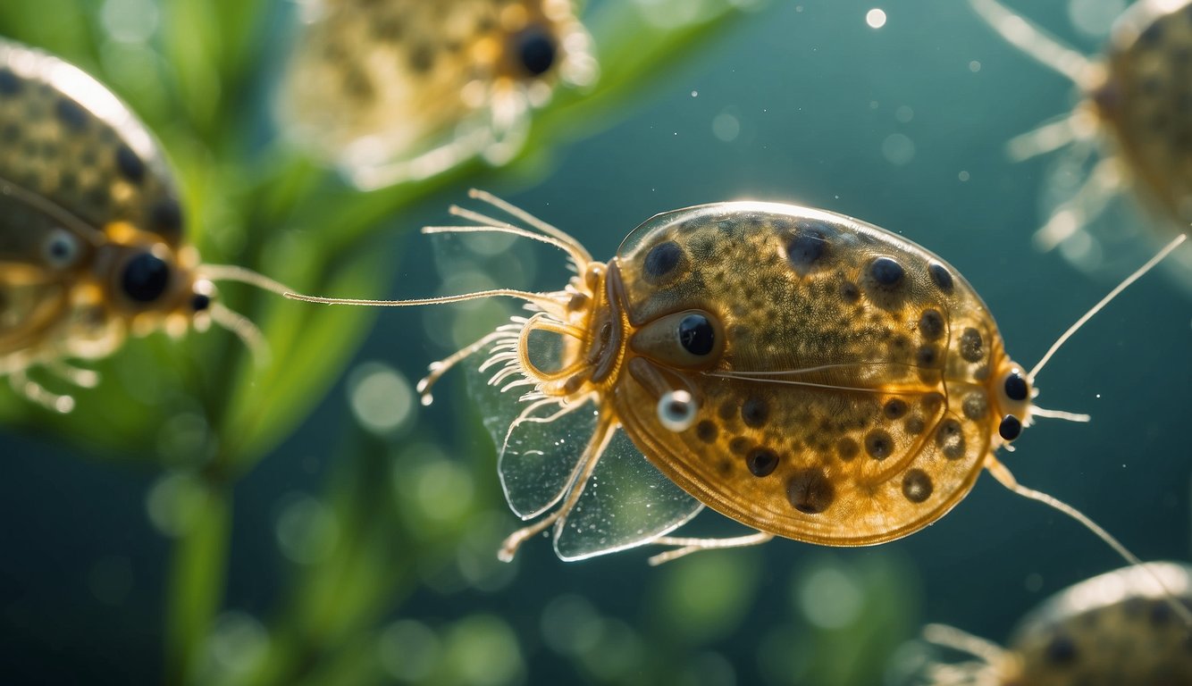 A group of Daphnia swim gracefully in clear water, their delicate bodies shimmering in the sunlight.

Surrounding plants and algae provide a natural habitat for these tiny water fleas