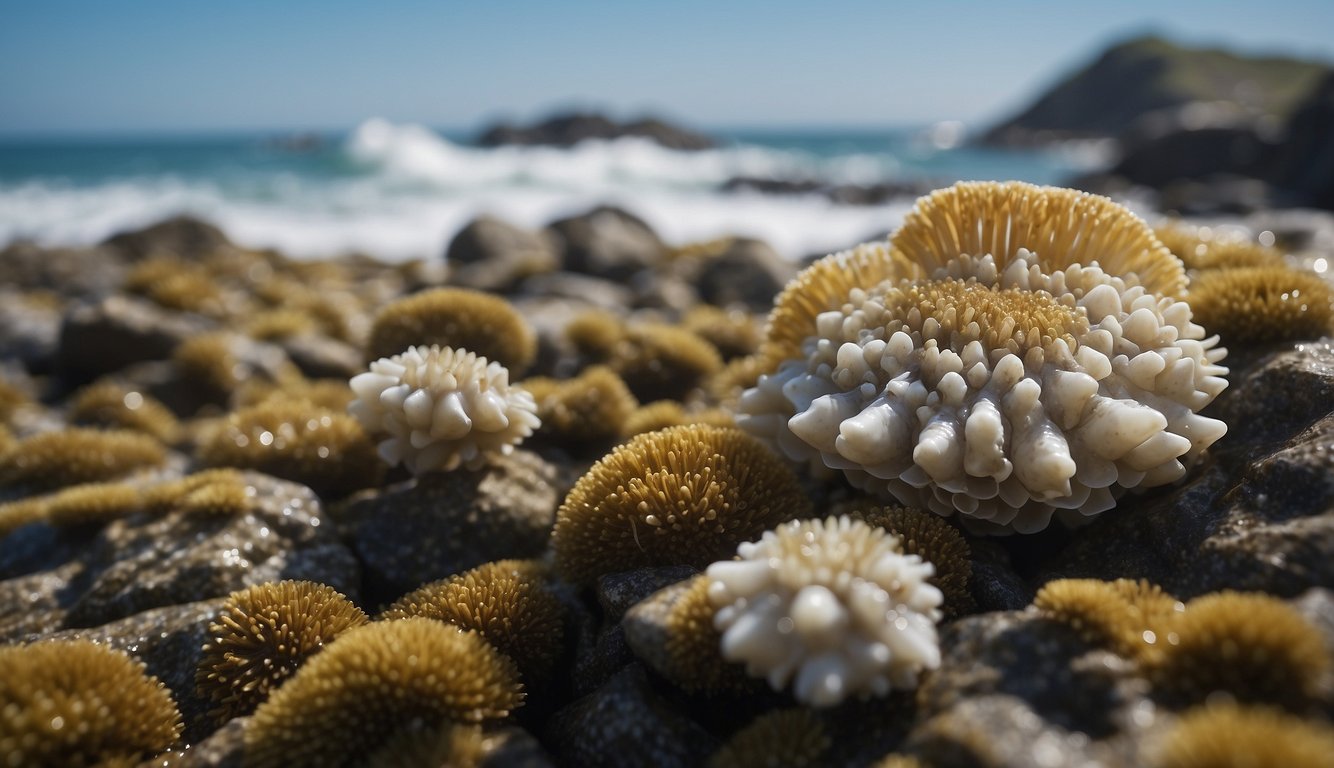 Barnacles cling to rocky surfaces in the intertidal zone, surrounded by crashing waves and swirling sea foam