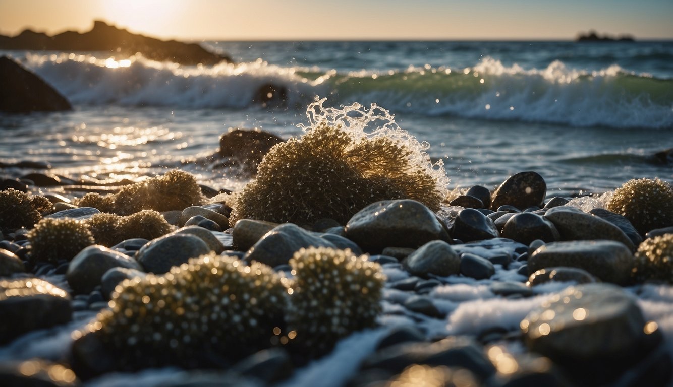 A rocky shoreline with waves crashing against it, revealing clusters of barnacles clinging to the rocks and each other, creating a natural and sticky spectacle