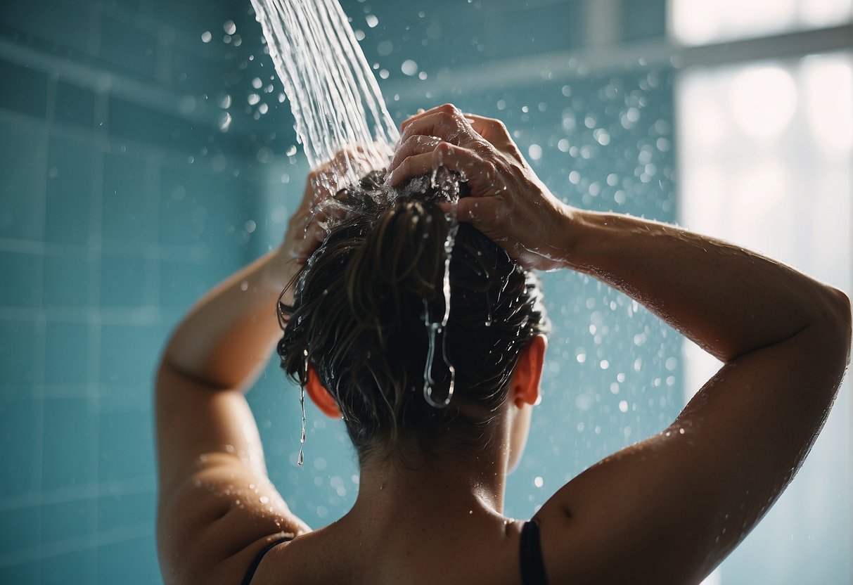 A person washing their hair with shampoo in the shower