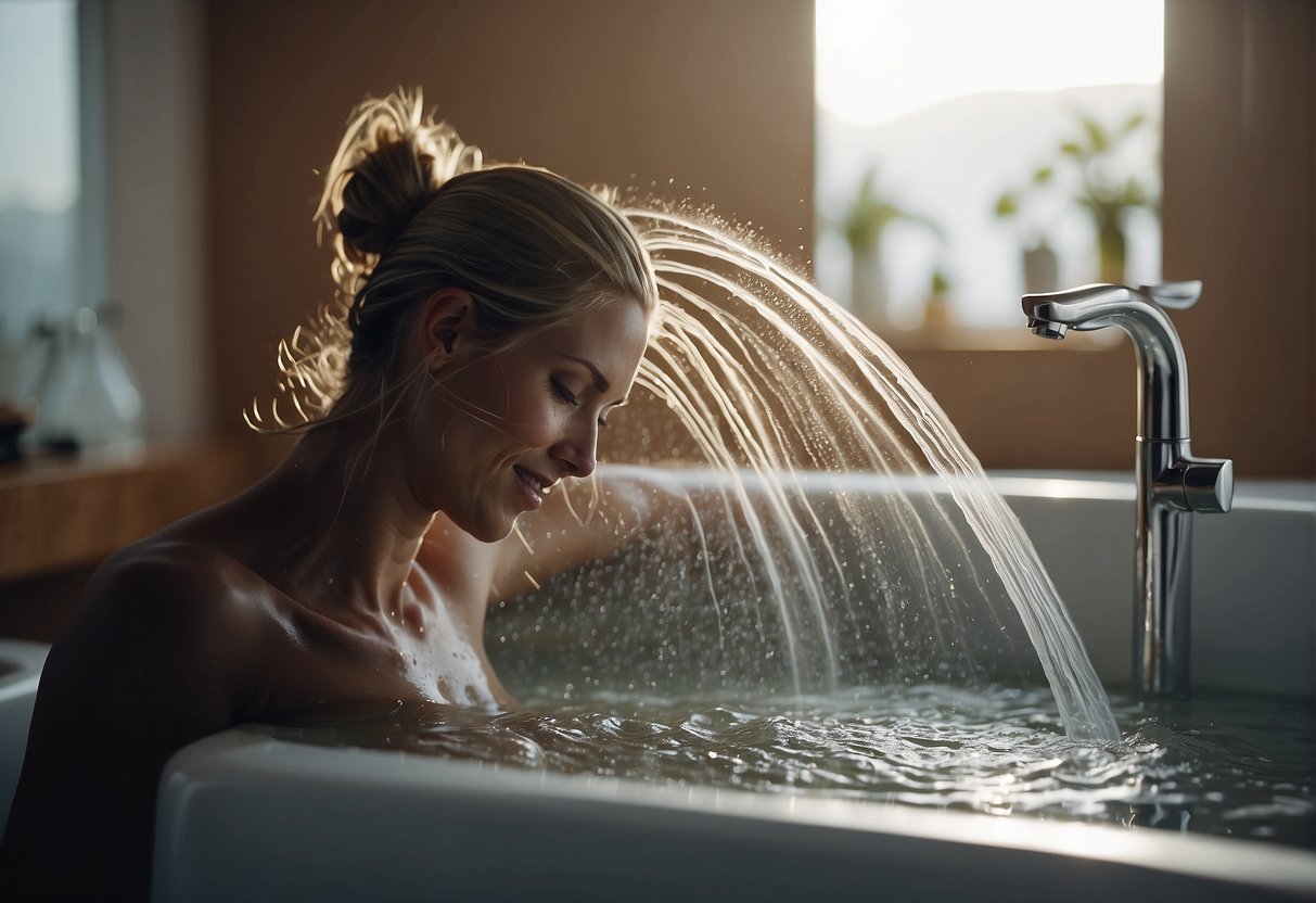 A person washing their hair with shampoo, rinsing it out, and then applying conditioner, all while following the appropriate frequency for hair washing