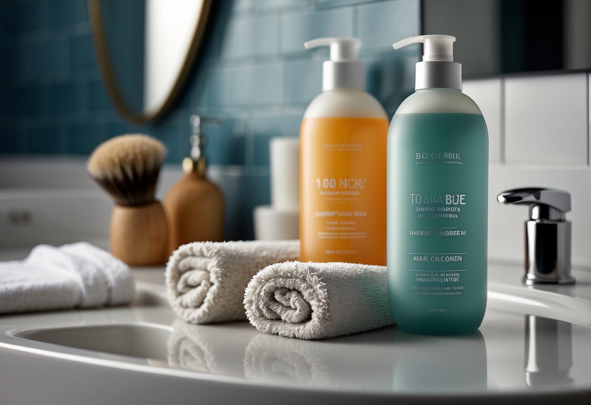 A bottle of shampoo and conditioner next to a towel and hairbrush on a clean bathroom counter